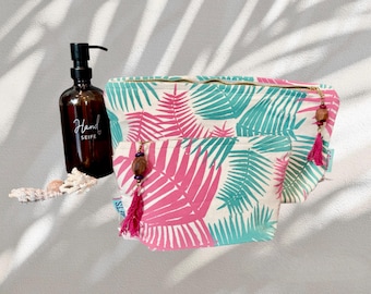 Tropical toiletry bag in palm print design/ make-up bag/ wash bag/ cosmetic bag/ handmade/ coral color & ocean blue size L / S