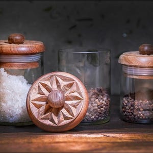 Glass containers made from recycled glass Storage jars with wooden lids handmade from wine bottles Jar Carved Wood Top upcycled-uplifted spice jars &quot;Karafuu&quot;