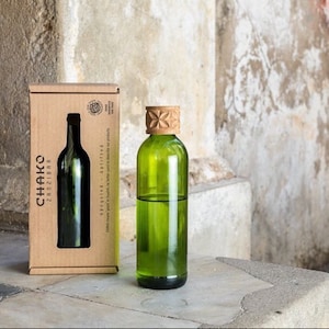 noble water carafe 'Kitale' made of old glass upcycled handmade from wine bottles with carved wooden stopper