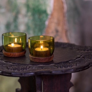 Lantern made from recycled glass bottle / base made from Mkongo wood / green / approx. 5.5 cm / handmade from wine bottles / T-Light Taa short olive green