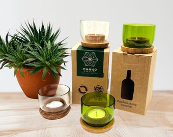 Lantern made from recycled glass bottles / wooden base / green or transparent / approx. 5.5 cm / handmade from wine bottles / T-Light Taa short
