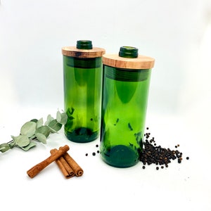 Glass container XL made from recycled glass Storage jars with wooden lids handmade from wine bottles Jar Arty Wood Top upcycled-uplifted spice jars XL