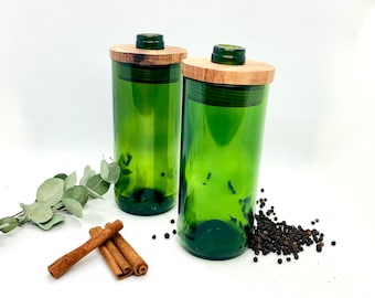 Glasbehälter XL aus Altglas Vorratsgläser mit Holzdeckel handmade aus Weinflaschen Jar Arty Wood Top upcycled-uplifted  Gewürzgläser XL
