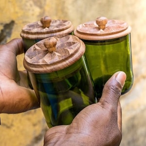 Glass containers made from recycled glass storage jars with wooden lids handmade from wine bottles Jar Carved Wood Top upcycled-uplifted spice jars