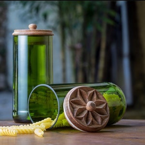 Glass container XL made from recycled glass storage jars with wooden lids handmade from wine bottles Jar Carved Wood Top upcycled-uplifted glasses XL