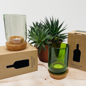 Lantern made from recycled glass bottles/wooden base/green/transparent/approx. 12 cm/handmade from wine bottles/T-Light upside down