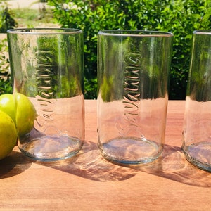 Drinking glasses made from recycled glass. Upcycled 3-piece glass set. Water glasses handmade from Savanna Premium Cider bottles. Drinking glass transparent large.