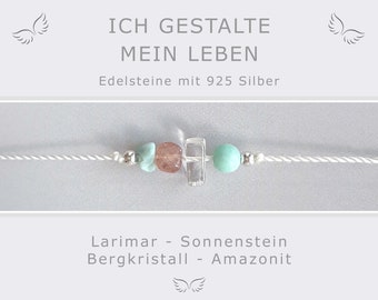 Armband Larimar Sonnenstein Bergkristall Amazonit - Ich gestalte mein Leben - Edelsteine mit 925 Silber - Glücksbringer Yoga - Geschenk Frau