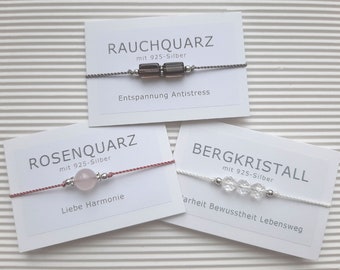 Armband Bergkristall Rosenquarz Rauchquarz - Glücksbringer Talisman - Yoga - Edelsteine mit 925-Silber - Energieschmuck - Geschenk Freundin