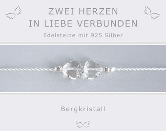 Glücksarmband Bergkristall * Herzen Bergkristall mit Silber * Zwei Herzen in Liebe verbunden * Energieschmuck Glücksbringer * Talisman Liebe