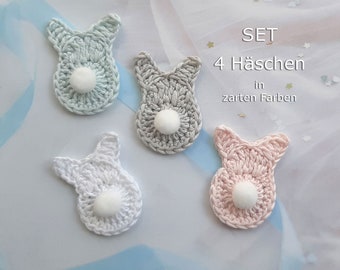 4 Häschen gehäkelt * in Pastell Tönen * Hase gehäkelt * Osterdeko Häkelhase  Osternest * Applikation Hase Aufnäher * Scrapbooking Hase