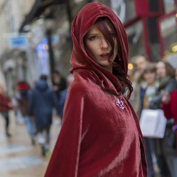 Cape Velours en  soie française doublé en laine , Rouge Brique Modèle unique pour femme