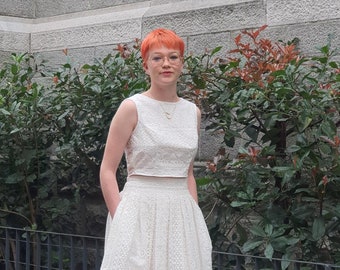 Women's evening ensemble, skirt and embroidered organza top. Wide skirt with hollow pleats.set wedding.