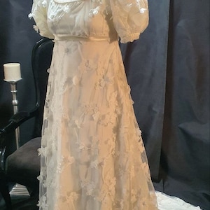 Long lace and satin wedding dress by daphne bridgerton. Vintage dress. Empire waist dress.