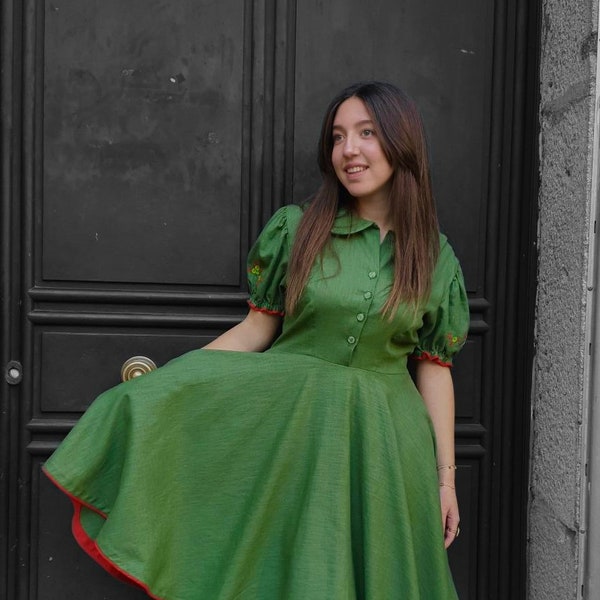 Robe en lin verte/Moderne milieu du siècle, robe moderne des années 50, robe à manches courtes brodé , robe d'automne en lin, robe vintage .