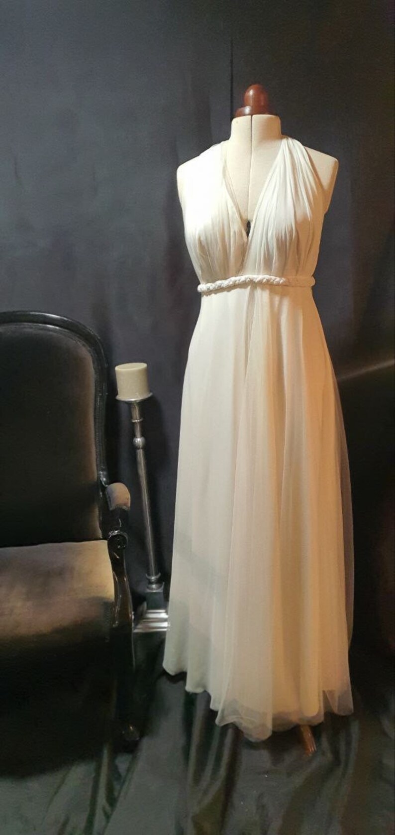 Wedding dress, party dress, white chiffon and tulle dress, large size bare back long dress. image 6