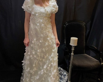 Long lace and satin wedding dress by daphne bridgerton. Vintage dress. Empire waist dress.