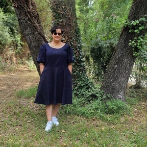 Vestido de lino azul y beige con falda ancha, vestido vintage, vestido de lino con vuelo para mujer. Vestido estilo cabaña. Vestido de verano. Vestido manga tres cuartos