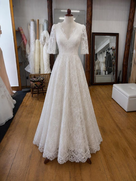 Lady Eleanor | French Lace Wedding Dress | Made to Measure | Romantic Victorian Style | 3/4 Sleeves
