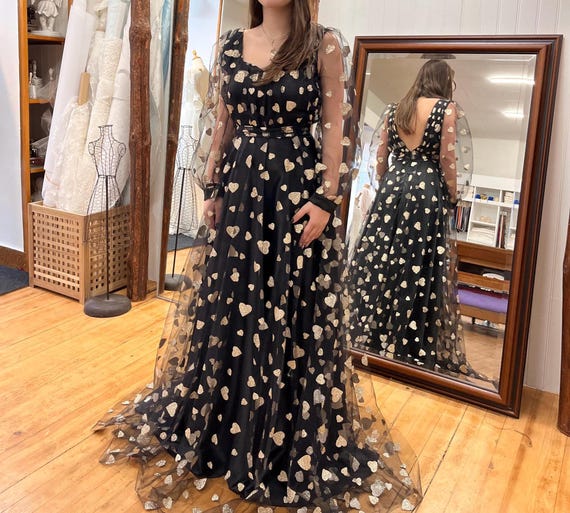 black dress with gold hearts Fluttering Hearts Maxi Dress Black