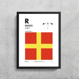 May include: A framed nautical flag chart with a red and yellow flag, the letter "R" for Romeo, and the text "Romeo, pronounced: Row-me-oh".