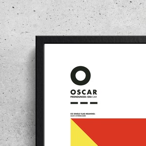 May include: A black and white illustration of the letter "O" with the word "OSCAR" below it. The word "PRONOUNCED: OSS CAH" is below the word "OSCAR". Four black lines are below the word "PRONOUNCED: OSS CAH". The text "ICS SINGLE FLAG MEANING: MAN OVERBOARD" is below the lines. A red and yellow flag is in the bottom right corner of the image.