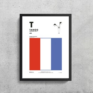 May include: A black and white illustration of a person holding two flags. The flags are red and blue. The text "T TANGO" is printed above the flags. The text "PRONOUNCED: TAN-GO" is printed below the text "T TANGO". The text "US SINGLE FLAG MEANING: KEEP CLEAR OF ME" is printed below the text "PRONOUNCED: TAN-GO".