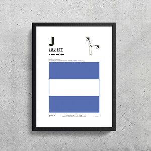 May include: A black and white illustration of a person holding two flags. The flags are blue and white. The text "JULIETT" is printed in black above the illustration. The text "PRONOUNCED: "JUL-ee-et" is printed below the illustration. The text "ICE SINGLE FLAG MEANING: I AM ON FIRE AND HAVE DANGEROUS CARGO ON BOARD KEEP WELL CLEAR OF ME" is printed below the text "PRONOUNCED: "JUL-ee-et".