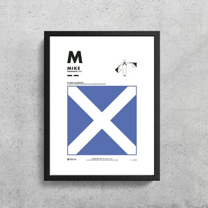 May include: A nautical flag chart featuring a blue and white flag, the letter M, and the word "Mike" printed on it. The flag is a blue square with a white diagonal cross. The chart also includes a stick figure illustration of a person holding two flags.