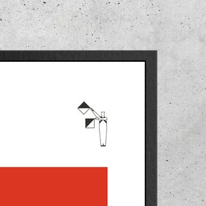 May include: A black and white illustration of a person holding two flags. The flags are black and white triangles. The person is standing on a red background.