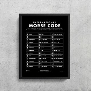Könnte beinhalten: Ein schwarz-weißes Poster mit dem Titel "Internationaler Morsecode". Das Poster zeigt das Morsealphabet, Zahlen und Satzzeichen.