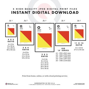 May include: Five digital printable files of a red and yellow diagonal flag with the word "OSCAR" printed on it. The files are available in five different aspect ratios: 4x5, 3x4, 2x3, 11x14, and ISO 'A' series sizes. The image also includes the dimensions of each ratio in inches and centimeters.