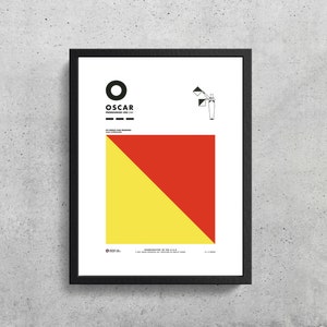 May include: A black and white illustration of the International Maritime Signal Flag "O" for Oscar. The flag is yellow and red with a diagonal line. The text "OSCAR" is printed in black with the pronunciation "pronounced: OH-cah" below. The text "ICE SINGLE FLAG MEANING: MAN OVERBOARD" is printed in black below the flag.