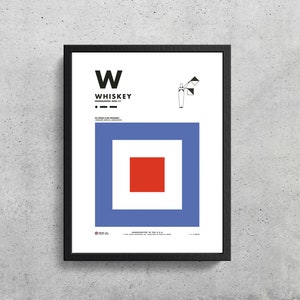 May include: A nautical flag poster featuring the letter W and the word "Whiskey" printed in black. The flag is blue with a red square in the centre. The poster is framed in black.