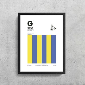 Puede incluir: Un póster minimalista con la letra "G" en una fuente grande, seguida de la palabra "GOLF" en una fuente más pequeña. La palabra "PRONOUNCED: GOLF" está debajo de la palabra "GOLF". El póster también incluye un gráfico de una persona sosteniendo una bandera de golf. El póster tiene un fondo a rayas amarillo y azul.