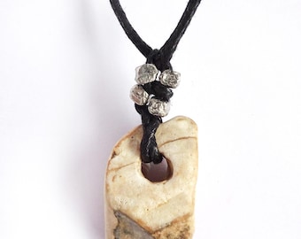 Necklace with natural stone, Hag Stone, Odin Stone, black cord, silver beads, talisman