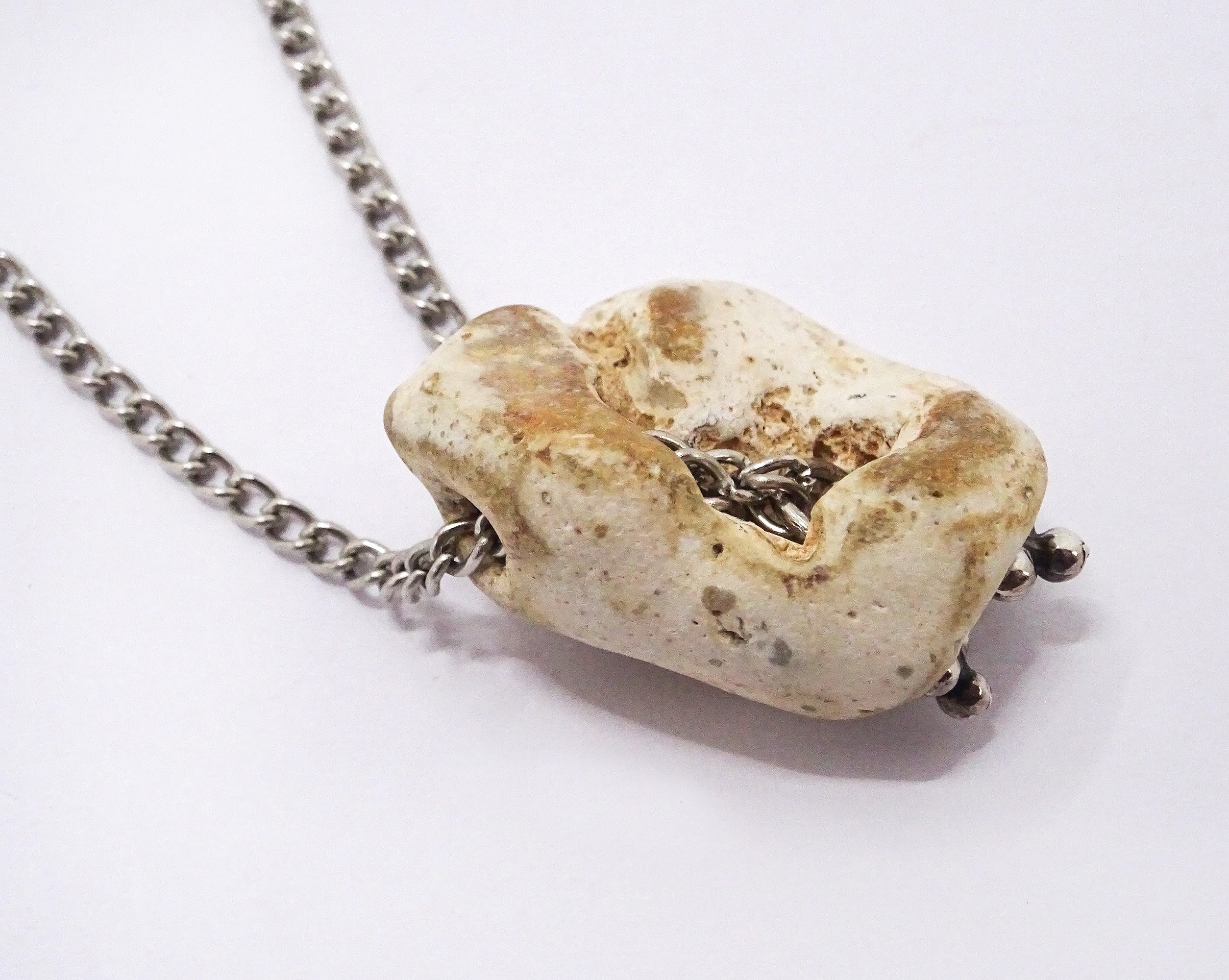 Necklace Made of Natural Stone in Light Beige Color, Chain