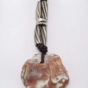 Necklace, pendant with natural stone, stone with hole, Hag Stone, Odin Stone, brown string, metal beads, amulet