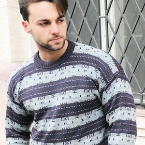 Purple & Gray Striped Sweater, 1990s European Vintage Soft Wool Blend Winter Knit Pullover: Size 42 to 44 US/UK image 1