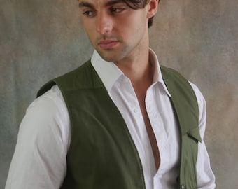 Army Green Vest, 1990s Italian Vintage Olive Cotton Waistcoat, 90s Clothing Men, Size Medium, 36/38 US