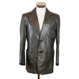 70s Vintage Brown Leather Jacket with Wide Collar, Size 38 USA / UK