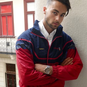 Red &Navy Blue Jacket, 1990 vintage européen Zippered Rukka Sport Brise-vent: Taille grande 40 à 42 US / UK image 1