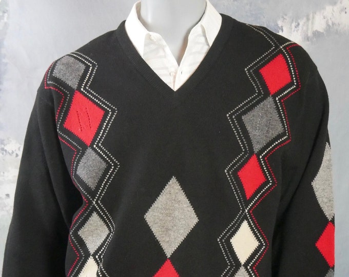 1980s Scottish Vintage Argyle Sweater Black Red Gray & White - Etsy