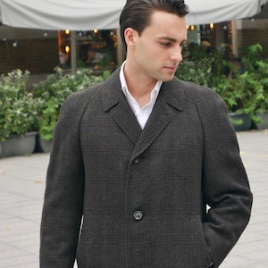 Cappotto marrone carbone, cappotto in lana invernale vintage europeo anni &#39;70, abbigliamento maschile scandinavo retrò: taglia 44 US/UK