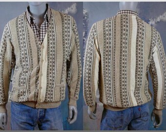 V Neck Cardigan, 1990s Italian Vintage Beige Brown & Cream Lightweight Cotton Blend Button-Down Sweater: Size XL (42S US/UK)