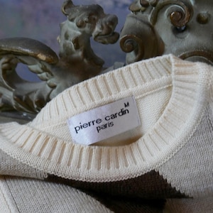 Preppy Argyle Sweater, 1980s French Vintage Cream Cable Knit Wool Blend Pullover Jumper, Extra Large