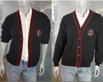 Black Cardigan with Red Trim, 1990s Italian Vintage Wool Blend Knit Nautical Sweater: XL (42 to 44 US/UK)