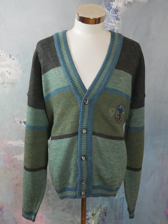 Men's Cardigan, 1990s German Gray Green & Blue Co… - image 2