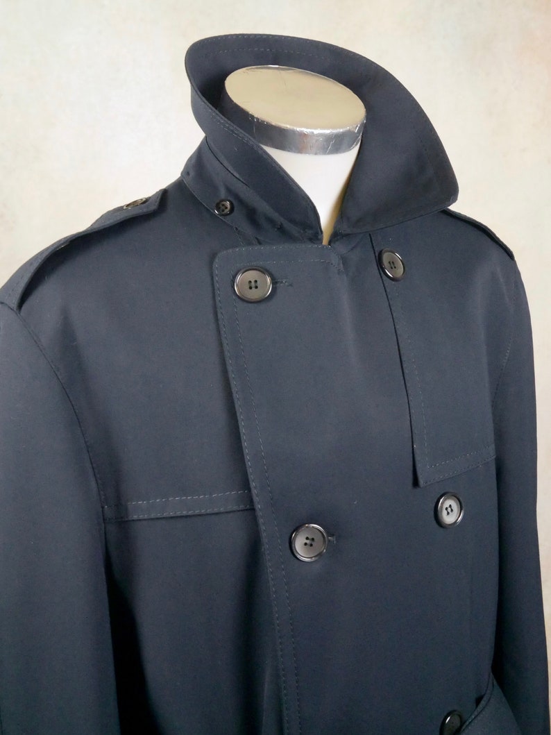 Vintage Trench Coat, 90s Dark Navy Blue Double-Breasted Belted Long Duster Overcoat image 5