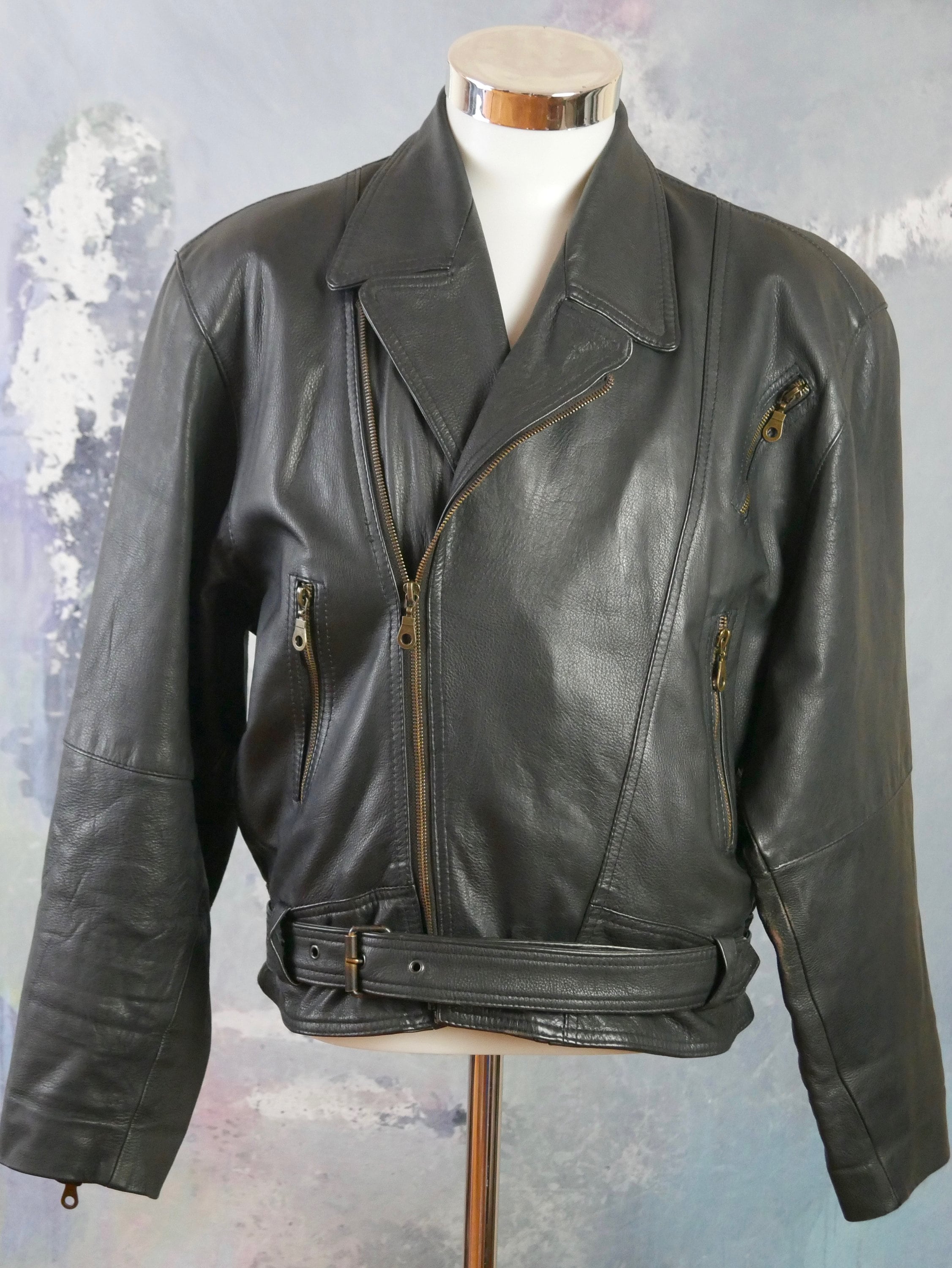 Black Leather Biker Jacket, 1980s European Vintage Zip up Black Leather Biker Jacket, 1980s European Vintage Zip up